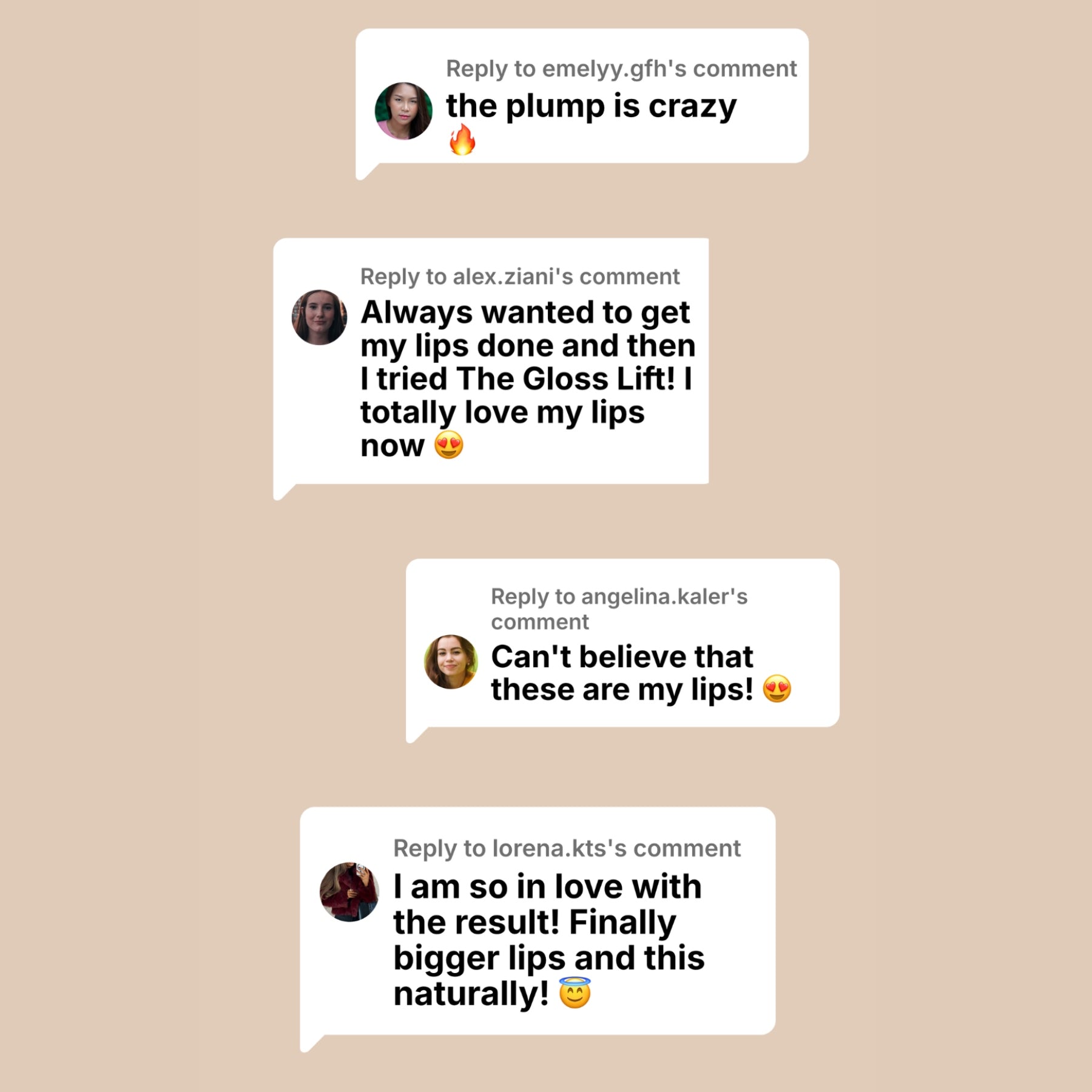 Comments on a beige background about lip results and satisfaction with a product.